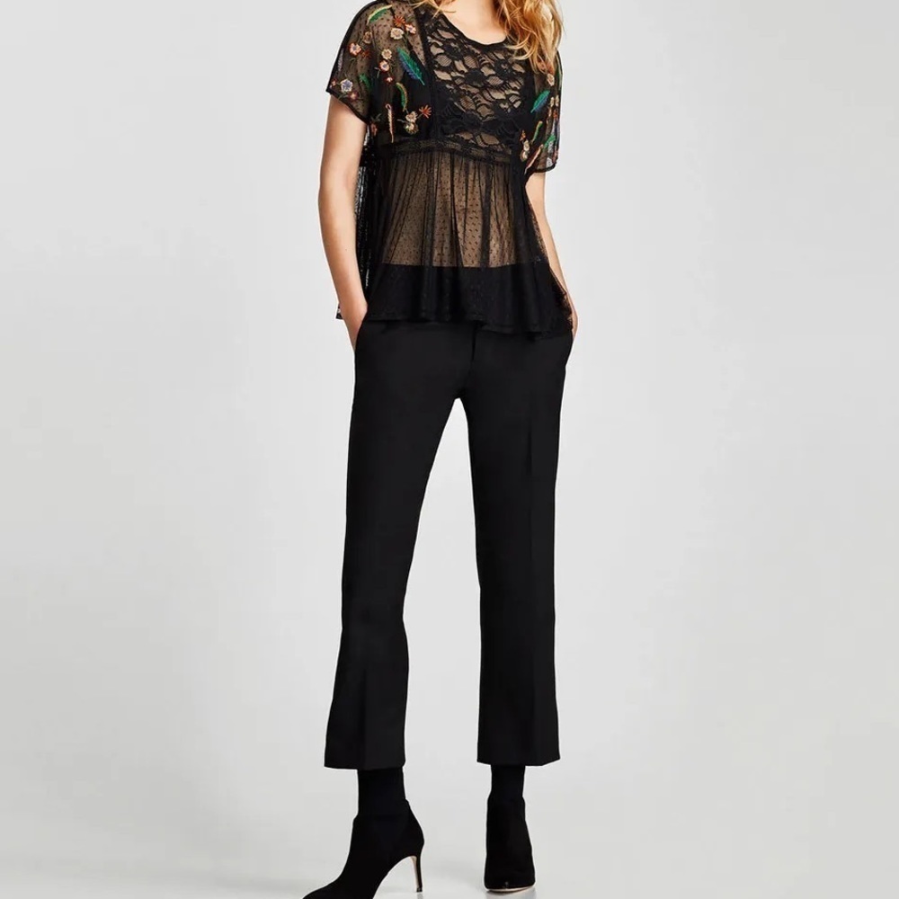 Zara Basic Collection Embroidered Floral Blouse Black Sheer XS - Picture 2 of 13